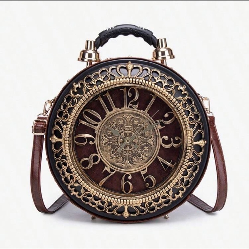 Vintage‎ Steampunk Alarm Clock Crossbody Bag Brown Gold Filigree Round Purse